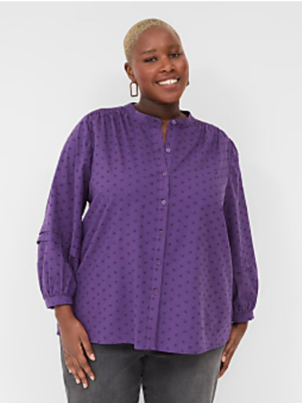 NWT Lane Bryant Mandarin Collar Button-Down Blouse in Rich Purple – Size 16